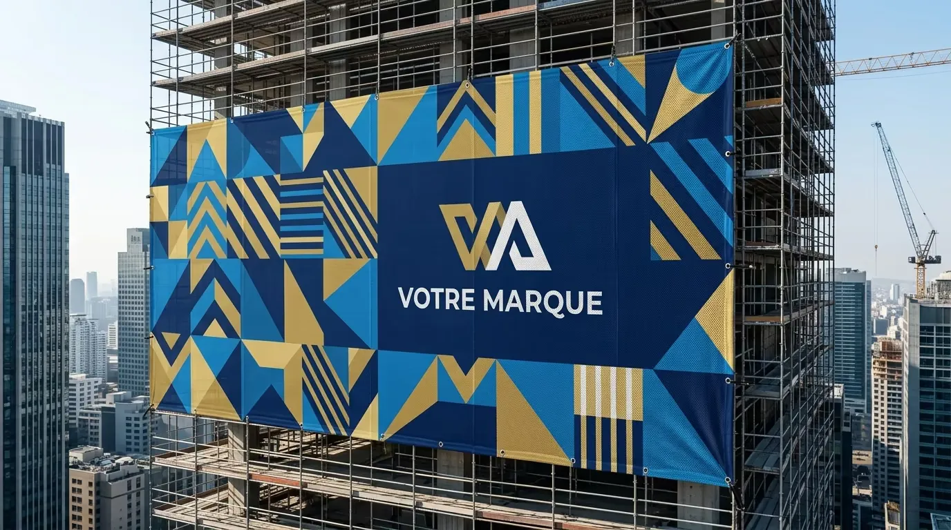 Bâche mesh microperforée grand format imprimée sur échafaudage de chantier en hauteur