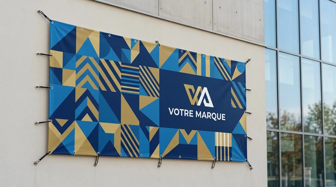Bâche publicitaire PVC personnalisée avec œillets tendue sur façade d'entreprise