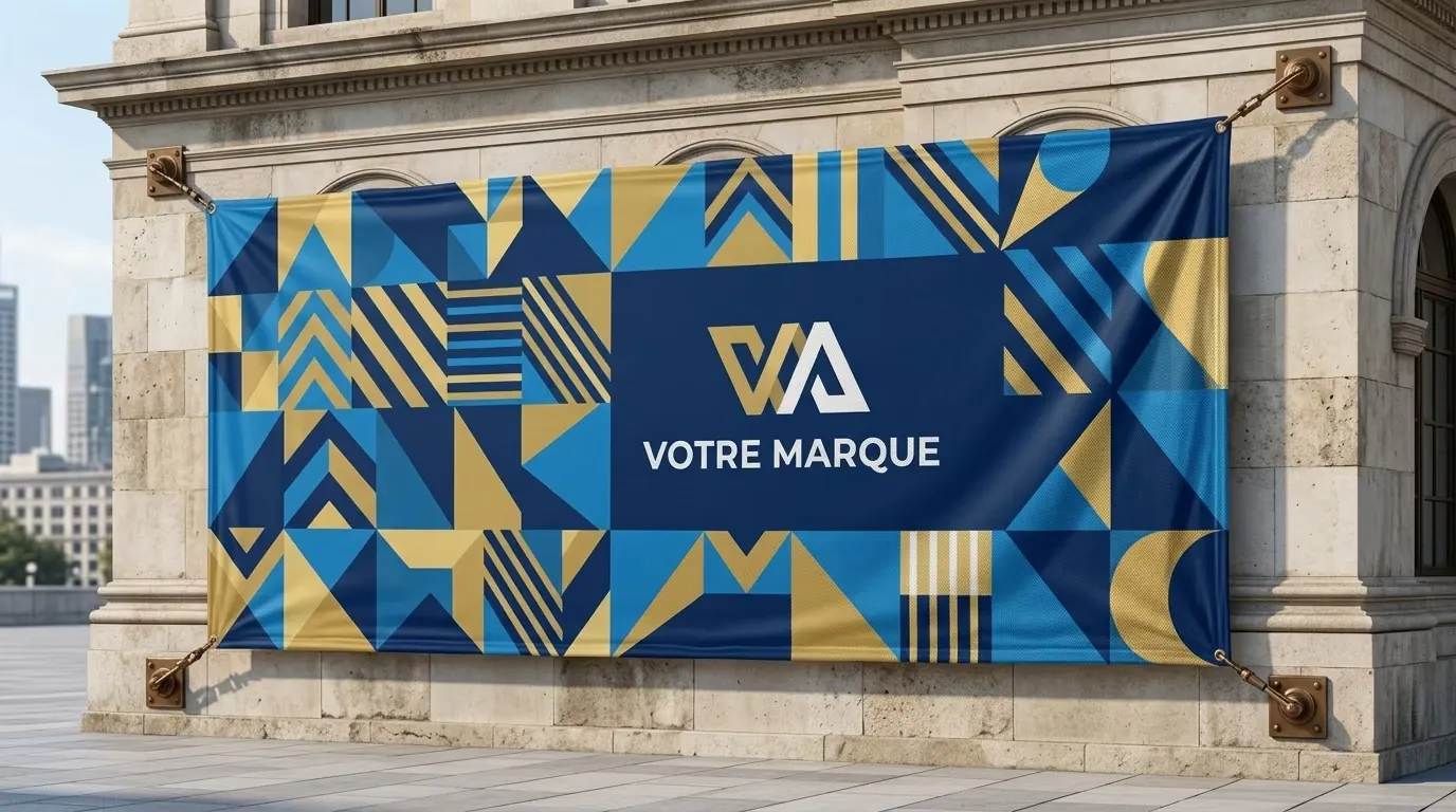 Calicot textile publicitaire tendu par tendeurs sur façade de bâtiment