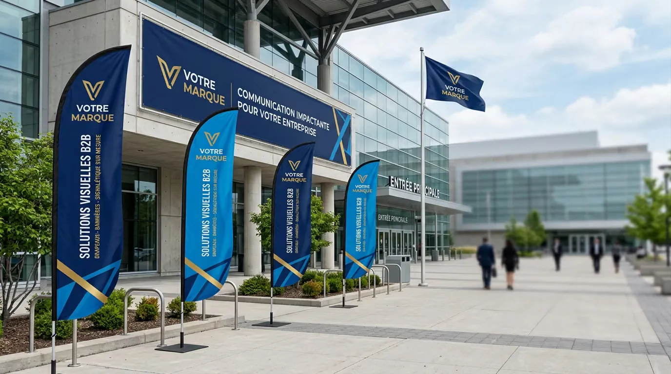 Oriflammes, banderole et drapeaux personnalisés déployés devant l'entrée d'une entreprise — solutions visuelles B2B.