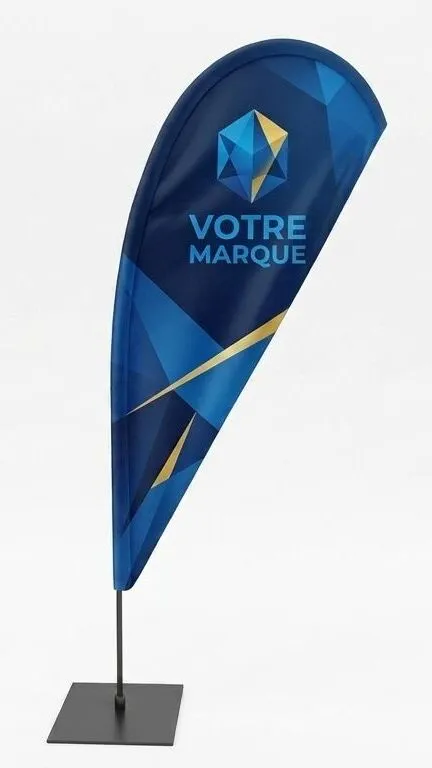 Oriflamme personnalisée forme goutte d'eau : voile arrondie sur mât.